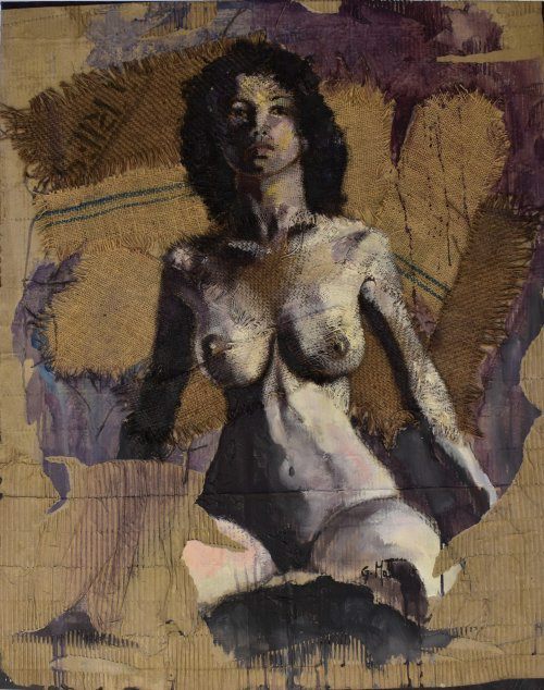 Tecnica mista su pezzi di sacco iuta e cartone riciclati applicati su tela Gianni Mattu